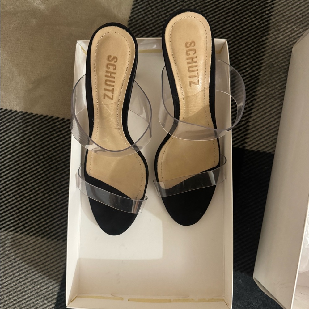 SCHUTZ plexi black slip on heels